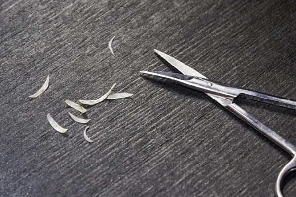 Cut nails and scissors lie on wood background.