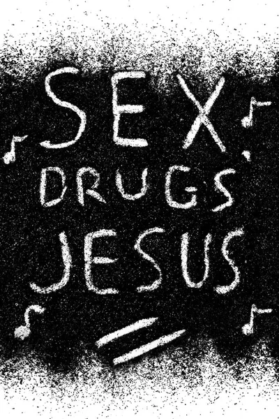 Belo Fundo Brilho Preto Com Palavras Sex Drugs Jesus Composição — Fotografia de Stock