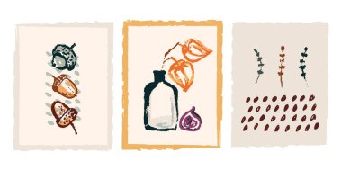 Sonbahar mevsiminin el yapımı soyut unsurları. Sıcak renkler, yapraklar, mantarlar, koniler, böğürtlenler. Sonbahar havası, rahat sonbahar ve asgari tasarım. Vektör illüstrasyonu