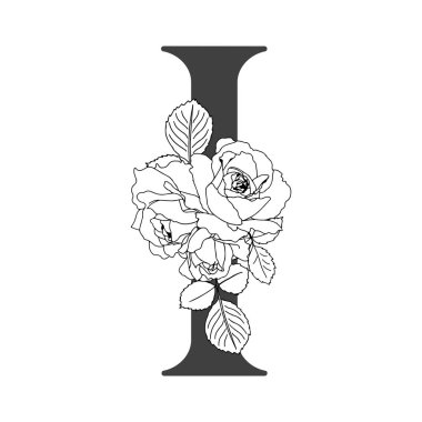 Vektör çiçek alfabesi. 1. Monogram çiçek harflerinin çiçek tasarımı. Düğün davetiyeleri, kartvizitler, çiçekçilerin kartvizitleri. Güllerin doğrusal dizaynı.