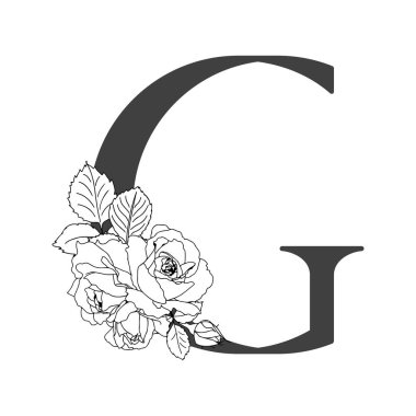 Vektör çiçek alfabesi. G. Monogram çiçek harflerinin çiçek tasarımı. Düğün davetiyeleri, kartvizitler, çiçekçilerin kartvizitleri. Güllerin doğrusal dizaynı.