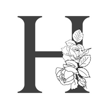 Vektör çiçek alfabesi. H. Monogram çiçek harflerinin çiçek tasarımı. Düğün davetiyeleri, kartvizitler, çiçekçilerin kartvizitleri. Güllerin doğrusal dizaynı.