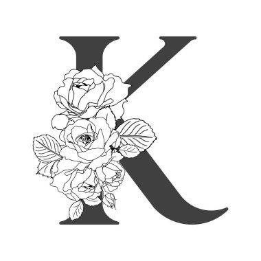 Vektör çiçek alfabesi. K harfinin çiçek dizaynı. Monogram çiçek harfleri. Düğün davetiyeleri, kartvizitler, çiçekçilerin kartvizitleri. Güllerin doğrusal dizaynı.