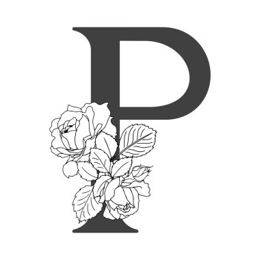 Vektör çiçek alfabesi. P harfinin çiçek dizaynı. Monogram çiçek harfleri. Düğün davetiyeleri, kartvizitler, çiçekçilerin kartvizitleri. Güllerin doğrusal dizaynı.