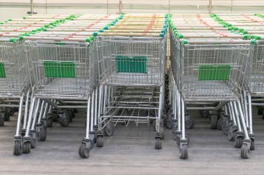Alışveriş merkezinin otoparkında market arabaları.