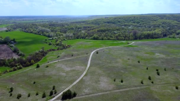 En fågelperspektiv på vägen mellan skogen och gröna fält. Vacker motorväg landskap, gröna fält, gröna träd. video från en kvadrokopter — Stockvideo