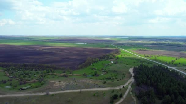 森と緑のフィールドの間の道路の鳥の目のビュー。美しい高速道路の風景、緑のフィールド、緑の木。4次元コンピュータからのビデオです — ストック動画