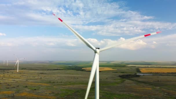 Вітрові турбіни в полі на фоні неба — стокове відео