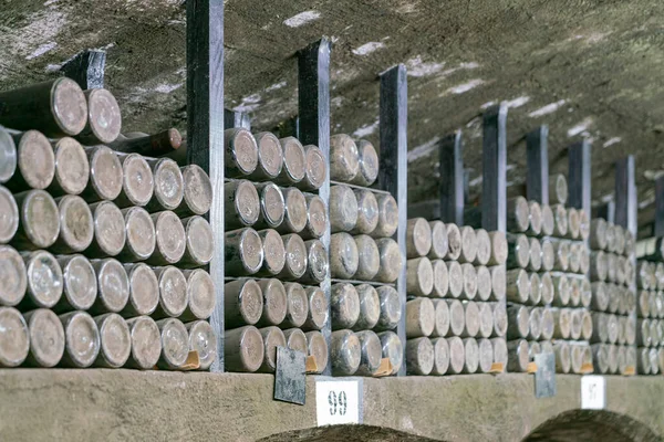 Coleções de garrafas de vinho antigas em adegas — Fotografia de Stock