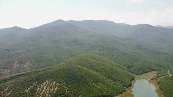 Góry w zieleni i widok na jezioro z powietrza. — Wideo stockowe