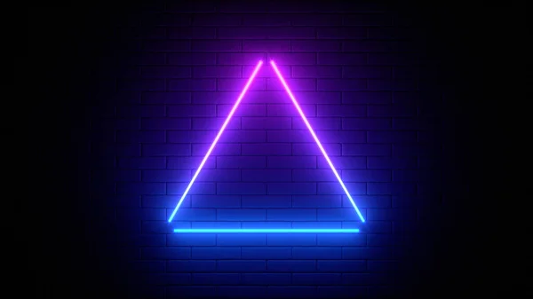 Neon sign on a brick wall. Glowing purple triangle. Abstract background, spectrum vibrant colors. 3d render illustration.