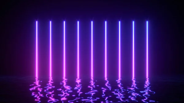 Glowing neon lines with reflections in water surface. Abstract background, waves, ultraviolet, spectrum vibrant colors, laser show. 3d render illustration