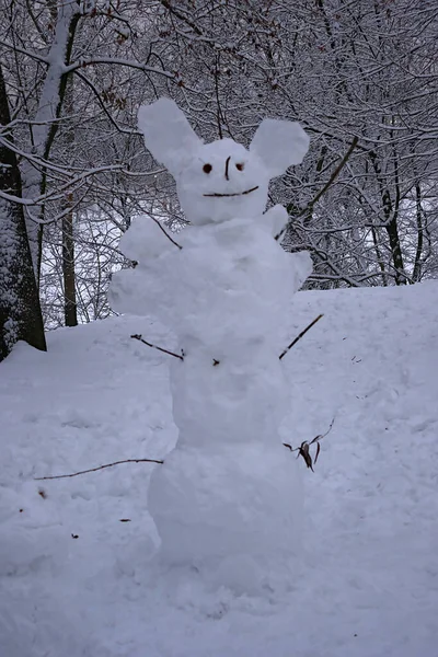 一个冬夜 公园里的雪人 — 图库照片