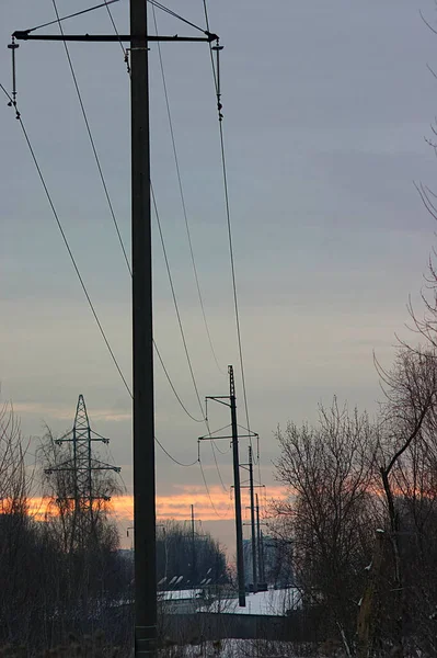 寒冷冬日早晨的电线 — 图库照片