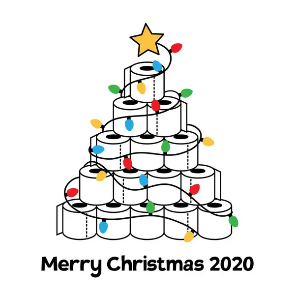 Merry Christmas 2020. Funny greeting card with toilet paper Christmas tree. Quarantine holidays, vector — Stock Illustration Merry Christmas 2020. Funny greeting card with toilet paper Christmas tree. Quarantine holidays, vector Vector Graphics