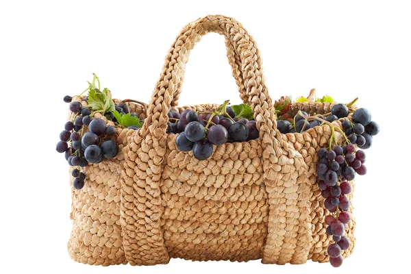 Basket Bag Grapes Isolated White Background Concept Ecologic Life Organic — Stok fotoğraf