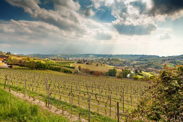 Wiosną Wzgórza Winnicami Piemont Niedaleko Asti Włochy — Zdjęcie stockowe