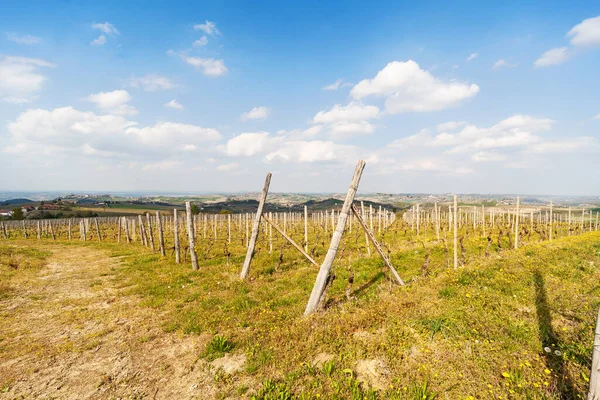 Paisaje Con Viñedos Primavera Cielo Con Nubes Cerca Asti Piamonte —  Fotos de Stock