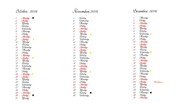 2016 년 10 월, 11 월, 12 월 달력 — 스톡 사진