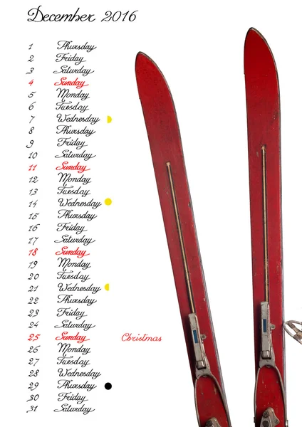 Calendar 2016, Dicember, with old skis — Stock Photo, Image