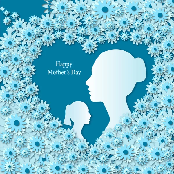 अपने बच्चे के साथ मदर सिल्हूट। नीले पृष्ठभूमि पर बहुत सारे फूलों के साथ कार्ड . — स्टॉक फ़ोटो, इमेज