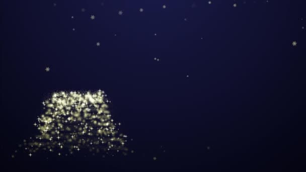 Animação de férias. Feliz Natal cartão de vídeo saudação. Árvore de Natal com luz dourada brilhante e flocos de neve caindo — Vídeo de Stock