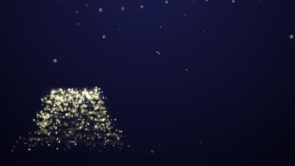 休日のアニメーション。メリークリスマスグリーティングビデオカード。金色の光と雪の結晶が輝くクリスマスツリー — ストック動画