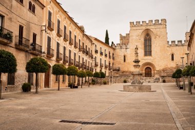 Sessiz şehir meydanı, portakal ağaçları ve antik katedral cephesi. İspanya 'daki Santes Creus Manastırının mimarisi.