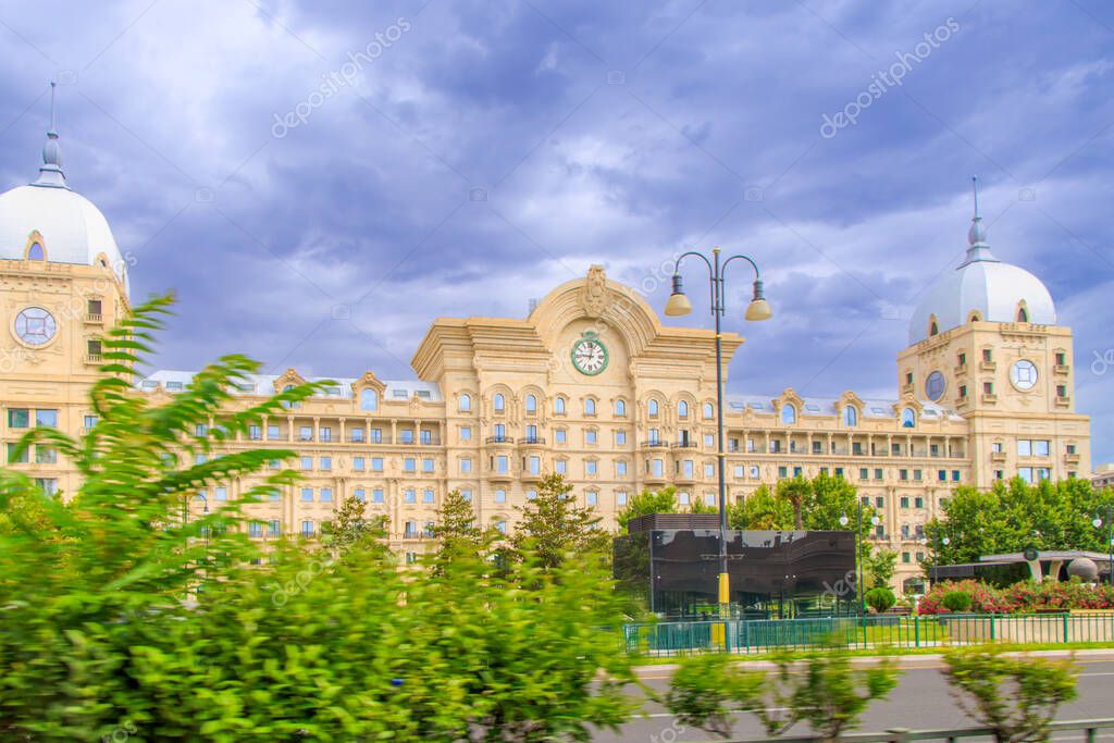 Baku, Azerbaijan. Exterior view of Courtyard hotel palace in the city center. The Courtyard by Marriott Baku is a modern, 4-star hotel located in the vibrant heart of Baku, Azerbaijan.