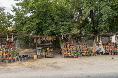 Yol kenarı pazarı. Azerbaycan 'ın Quba bölgesinden tipik bir sahne. Quba ve çevresi bol meyve ve sebze ürünleriyle ünlüdür..