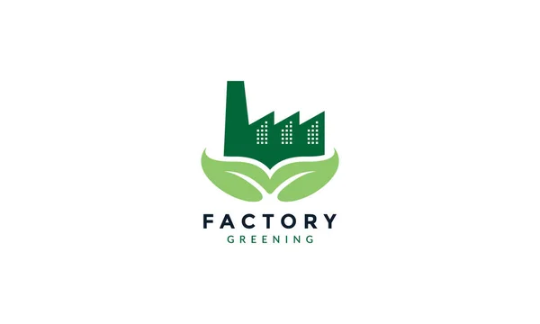 Industrie Bâtiment Usine Avec Feuille Verte Plante Nature Logo Vecteur — Image vectorielle