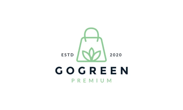 Yapraklı Alışveriş Torbası Çizgisi Yeşil Logo Ikon Vektör Tasarımı — Stok Vektör