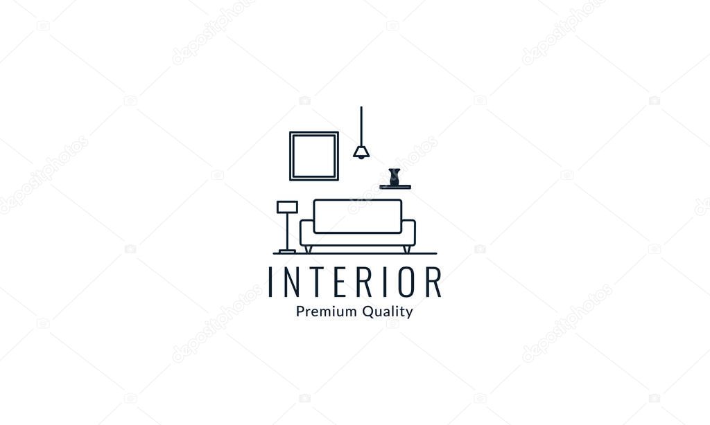 Interior furniture living room with sofa and accessories line logo vector icon design illustration