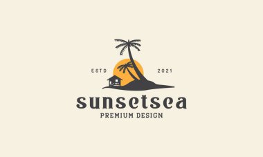 Hindistan cevizi ağacı günbatımı logo vektör simgesi tasarım resimli kulübe