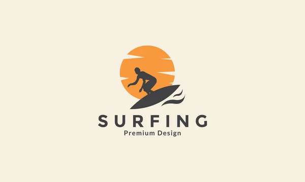 Homem Surfar Com Pôr Sol Mar Vintage Logotipo Vetor Ícone — Vetor de Stock