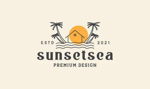 Cabana Praia Com Coqueiro Pôr Sol Logotipo Vetor Ícone Símbolo — Vetor de Stock