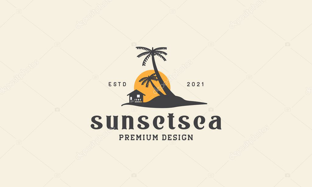 Hut with coconut tree sunset logo vector icon symbol design graphic illustration