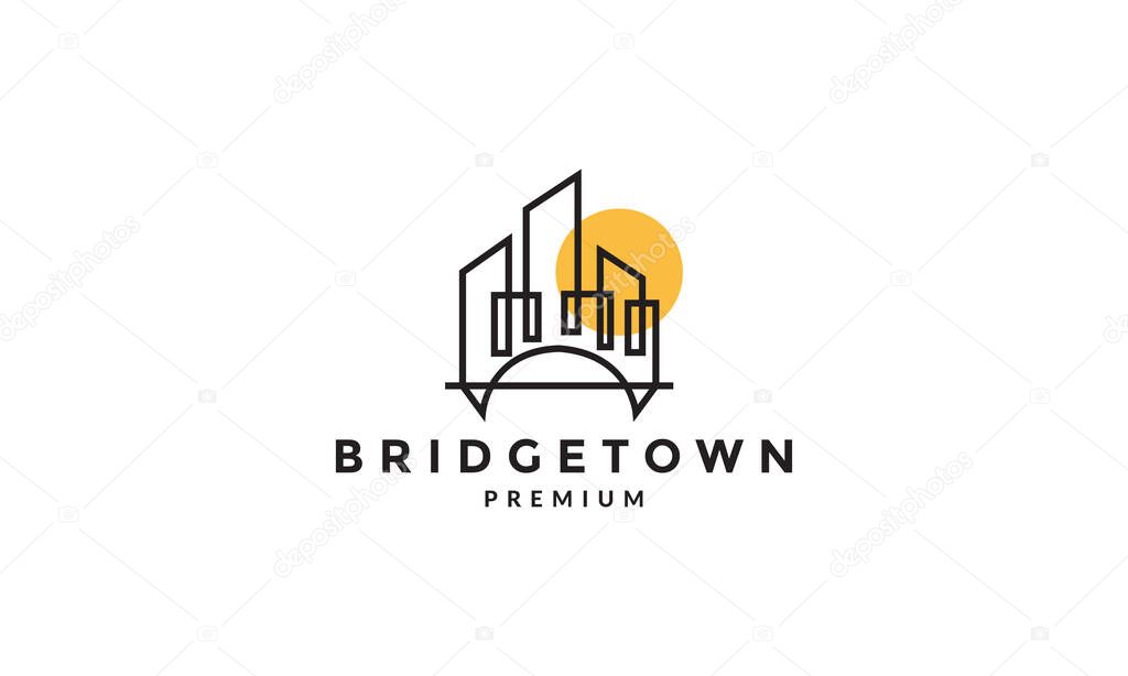 Bridge city and sunset lines logo vector symbol icon design graphic illustration