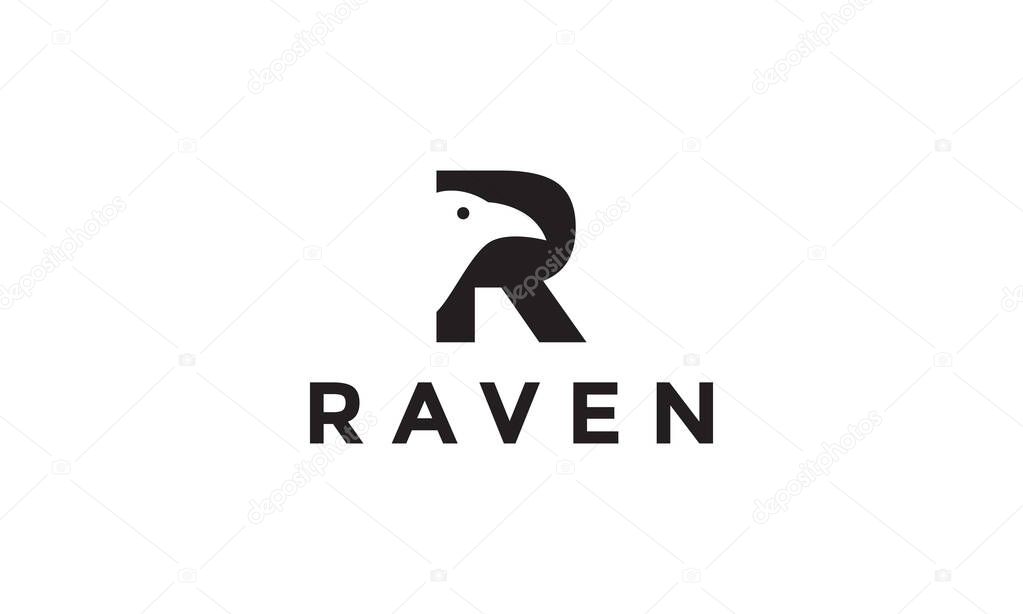 Letter R with head bird raven logo vector icon illustration design