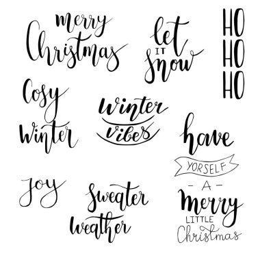 Vector set of holidays lettering elements. Merry Christmas text lettering for invitation and greeting card, prints and posters. Hand drawn calligraphic design. Winter vibes, joy, let it snow.