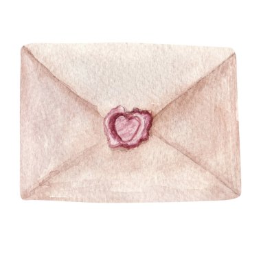 El yapımı suluboya eski bir zarf, kalp şeklinde balmumuyla mühürlenmiş. Sevgililer Günü için çizim. Tasarım tebrik kartı, çıkartma ve beyaz arkaplanda izole edilmiş poster ögesi.