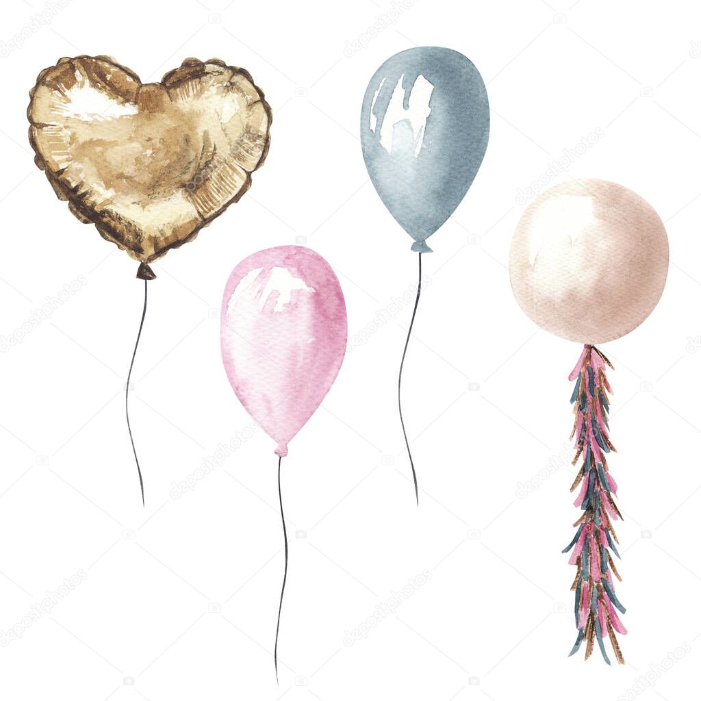 Hand drawn Watercolor Valentine's day illustration, cute pink, blue and gold air balloons set, birthday gift, design elements isolated on white background.