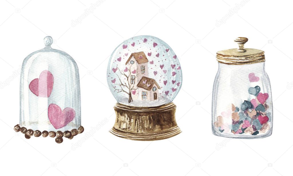 Hand drawn Watercolor Valentine's day illustration set. Jar and snow globe with pink hearts isolated on white background. Design elements printing on postcards, stickers, tags, labels, textiles.
