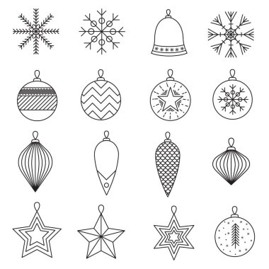 Bir dizi Noel balosu ve kar taneleri izole edilmiş en küçük ikon. Çizgi çalışması. Noel balosu ikonu. Web siteleri için özet vektör simgesi, tebrik kartı, mobil minimalist düz tasarım.