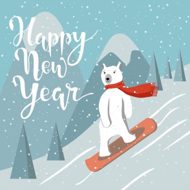Kutup ayısı dağlara karşı tahtada kar üzerinde süzülür. Sevimli hayvan kırmızı eşarp takıyor, snowboard yarışmaları yapıyor. Çizgi filmlerdeki gibi vektör ilüstrasyonu. Mutlu yeni yıl fırça mektupları.
