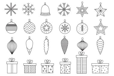 Büyük bir set Noel taslak ikonu. Balolar, kar taneleri ve beyaza izole edilmiş hediyeler. Çizgi çalışması. Web siteleri için vektör simgesi, tebrik kartı, mobil minimalist düz tasarım.