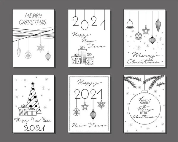 2021 New Year Christmas Greeting Card Templates Bundle Hand Drawing — Stockový vektor