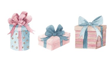 El boyası suluboya illüstrasyon, Sevgililer Günü klip seti, hediye kutuları, parti aksesuarları, beyaz arka planda izole edilmiş şenlik tasarım unsurları.