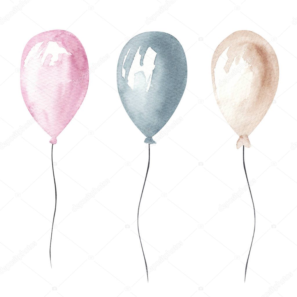 Watercolor Valentine's day illustration, cute pink, blue and nude beige air balloons set, birthday gift. Hand drawn design elements isolated on white background.