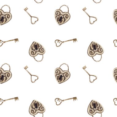 Kalp şeklinde altın asma kilit ve anahtarlarla kusursuz bir desen. Düğün çizimi. Beyaz arkaplanda suluboya el çizimi